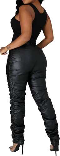 Vista 3 de hibshaby Sexy Club - Pantalones de piel sintética para mujer, cintura alta, fruncidos, apilados