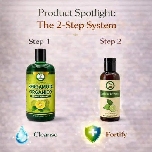 Vista 3 de Champú Bergamota Orgánico (16.9 fl oz) con Aloe Vera y Romero + Aceite de Bergamota (4.2 fl oz) Champú Orgánico Bergamota con Sábila & Romero +