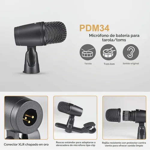Vista 3 de Phenyx Pro Kit de micrófono de batería, juego de micrófono dinámico con cable de metal completo de 7 piezas para platillos bajos/tom/trampa/Hi-hat