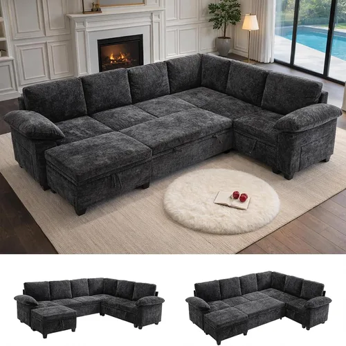 Vista 13 de 85" sofá seccional modular del durmiente, forma de L sacó el sofá cama con Negro