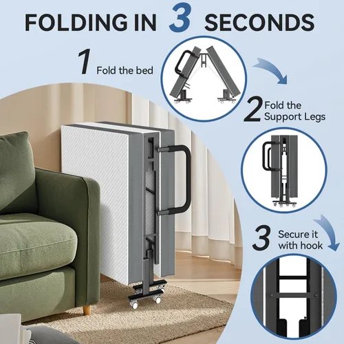 Vista 7 de Cama plegable para invitados con colchón y respaldo ajustable de 6 posiciones para adultos, cama nido plegable de metal, siesta de oficina, descanso