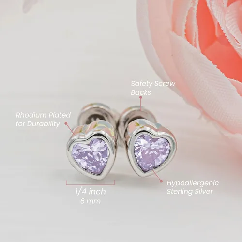 Vista 4 de Aretes de corazón con pasador simulando piedra natal con tornillo de traba (6mm) - para niñas 06-Junio