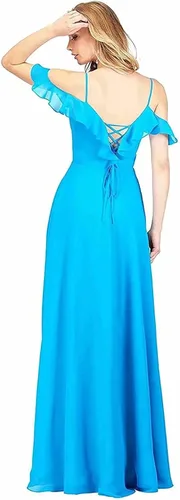 Vista 6 de kidadndy Vestido de dama de honor con cuello en V para mujer manga larga con volantes vestido formal de noche boda fiesta con abertura