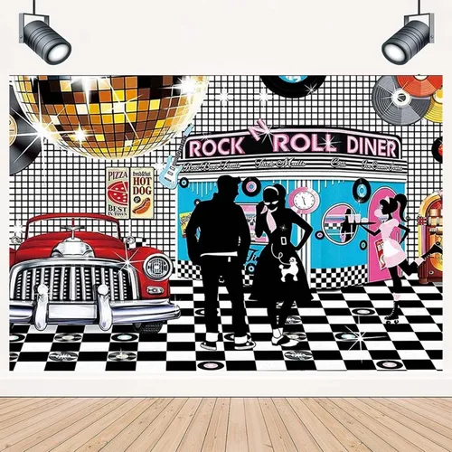 Vista 4 de Telón de fondo de fotos de estilo retro disco – Rollo de rock de los años 50, baile de graduación, cumpleaños, comedor, decoración de fiesta