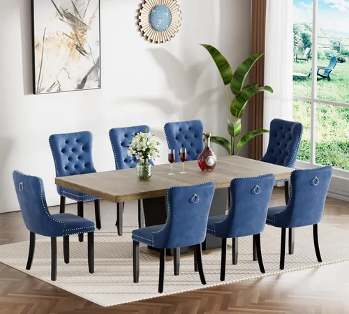 Vista 33 de Henf Juego de mesa de comedor extensible de 78 pulgadas para 6 mesas rectangulares de madera de 7 piezas con 6 sillas tapizadas de terciopelo, mesa