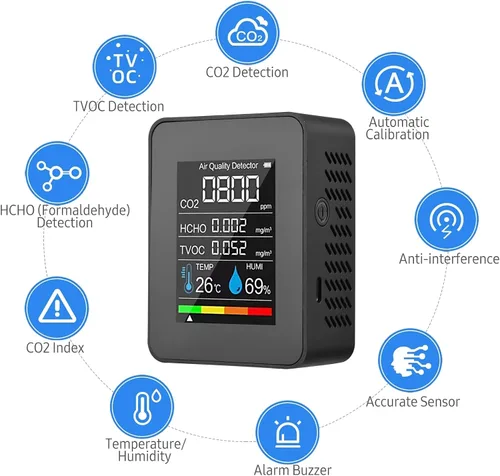 Vista 6 de LANRU Monitor portátil de calidad del aire Detector de CO2 para interiores, 5 en 1, formaldehído HCHO TVOC, probador LCD de temperatura y humedad