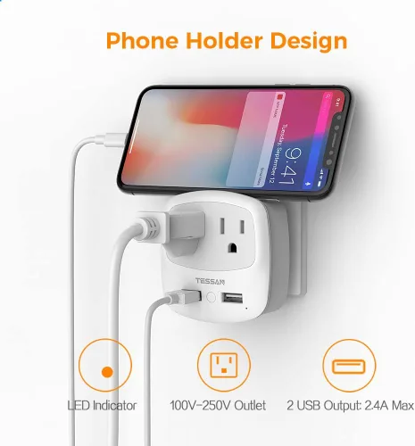 Vista 9 de TESSAN Convertidor de adaptador de enchufe europeo de viaje International Power Plug Converter, 2 USB Ports, Type C Outlet, US to Most of Europe
