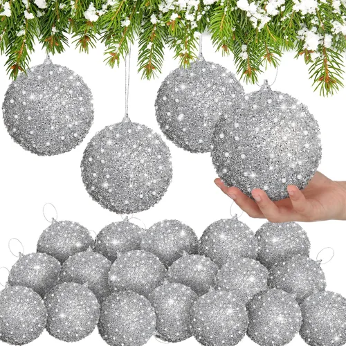 Vista 32 de Lyrow 24 piezas 3.15" Juego de adornos de bola de Navidad con purpurina, bola de espuma con lentejuelas colgante, decorativa, en masa, para árbol