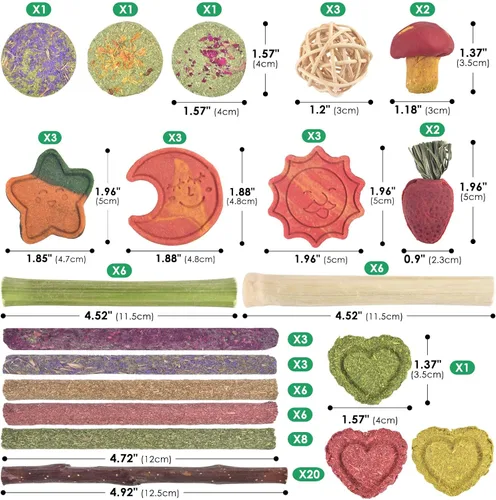 Vista 4 de ERKOON 80 juguetes masticables de conejo para dientes de conejo, juguetes naturales de conejo de madera de manzana, zanahoria, golosinas de hierba
