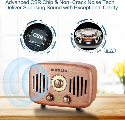 Vista 2 de SIMOLIO Altavoces Bluetooth retro de radio vintage, fuerte y potente sonido estéreo de 2 x 8 W, altavoz de madera de nogal negro natural con radio