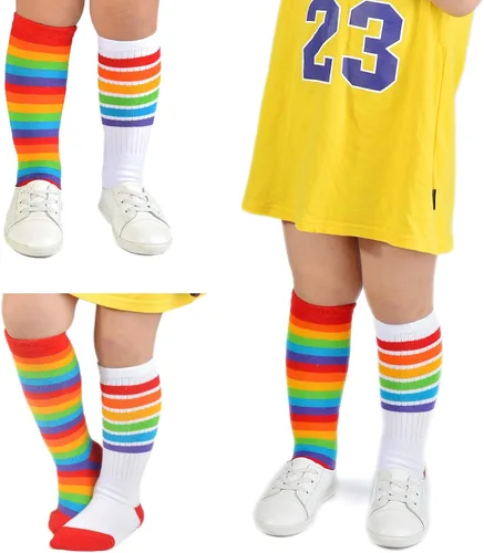 Vista 5 de EPEIUS Calcetines altos a la rodilla con rayas arco iris para bebé, medias de tubo antideslizantes, calcetines de fútbol para niños pequeños y niños
