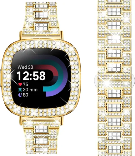 Vista 9 de Dsytom Bling Banda de Reloj Elegante Compatible con Fitbit Versa 4, Sense 2, Versa 3, Sense - Correa Linda con Funda Protectora de Rinstone