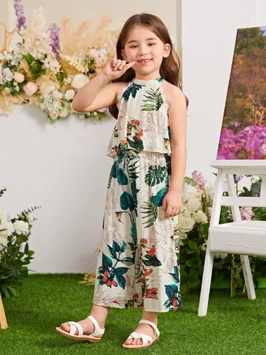 Vista 4 de Verdusa Conjunto de 2 piezas para niña pequeña, con estampado tropical, top halter y pantalones
