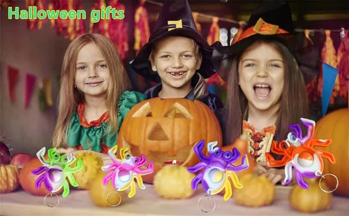 Vista 3 de Paquete de 20 llaveros divertidos y únicos de araña, diseño de arcoíris, juguetes para fiestas de Halloween, juguetes para niños, estudiantes