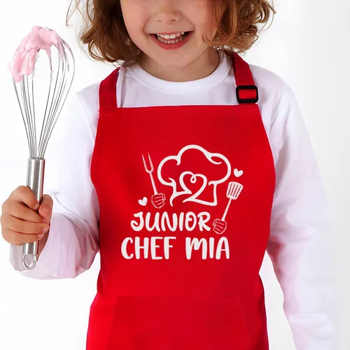 Vista 7 de Juego de delantal personalizado para niños con sombrero, delantal ajustable impermeable con 2 bolsillos para cocinar, hornear, pintar y arte, regalo