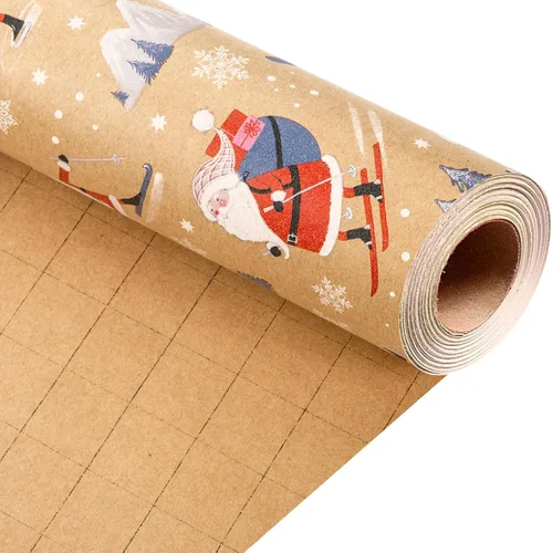 Vista 7 de Homeral Rollo de papel de regalo de Navidad, Papá Noel, muñeco de nieve y lazo y bastones de caramelo rosados, envoltura de regalo reversible