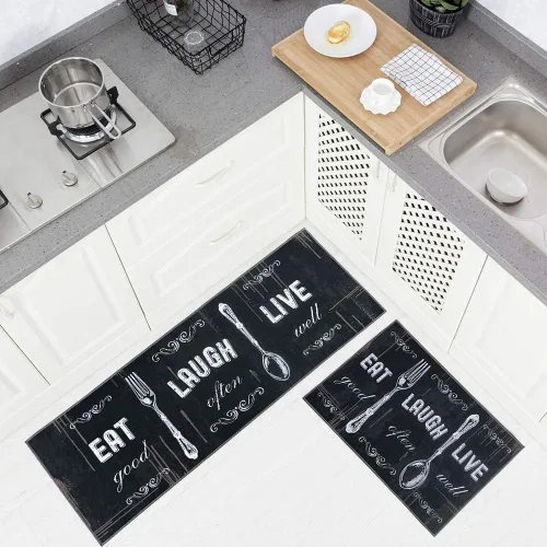 Vista 2 de Juego de 2 alfombras de cocina de 17 x 48 pulgadas + 17 x 24 pulgadas, tapetes antideslizantes lavables para suelo de cocina, 2 tapetes cómodos