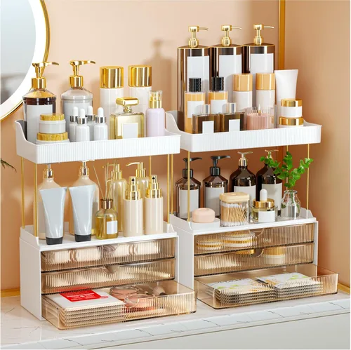 Vista 10 de StorBin Organizador de maquillaje de 3 cajones grandes, organizador de encimera de baño de 5 niveles y almacenamiento, organizador versátil