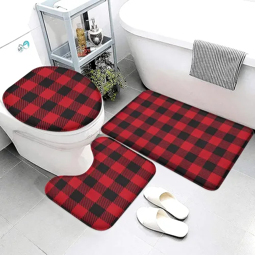Vista 4 de Juego de 3 tapetes de baño a cuadros negros y rojos con diseño de cuadros de búfalo para decoración de invierno, antideslizante, absorbente de agua