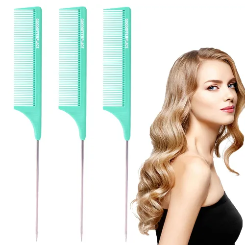 Vista 11 de 4 peines de cola de rata, peines de cola de rata, peine de dientes finos con púa de metal para cabello rizado, peines desenredantes para mujeres
