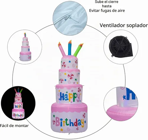 Vista 6 de AJY Pastel inflable de feliz cumpleaños de 6 pies con vela, decoración de césped para interiores y exteriores