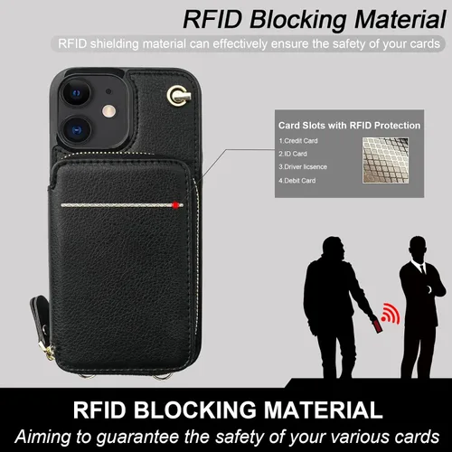 Vista 3 de Bocasal Funda tipo cartera cruzada para iPhone 12/12 Pro, funda de piel con bloqueo RFID y soporte para tarjetas, funda protectora con cremallera