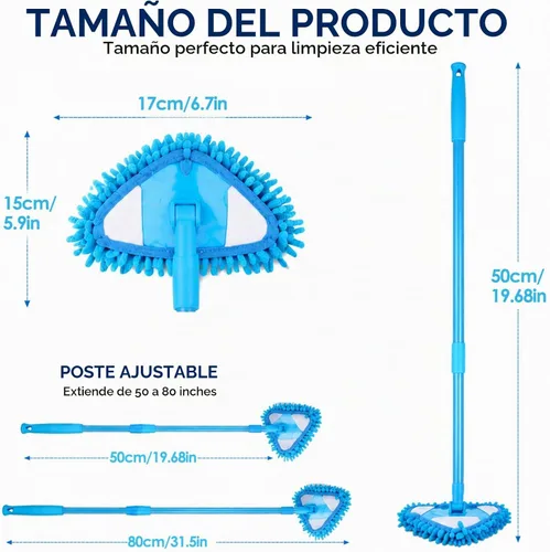 Vista 2 de Trapeador de limpieza triangular ajustable giratorio de 180°, mopas húmedas y secas con mango largo extensible, trapeador de limpieza con 2 Azul