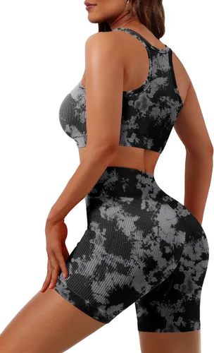 Vista 3 de JZC Conjuntos de entrenamiento para mujer, 2 piezas, acanalados, sin costuras, pantalones cortos de cintura alta, trajes de yoga
