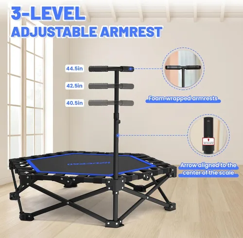 Vista 3 de HXD-ERGO - Minitrampolín plegable de 42 pulgadas, cama elástica con mango de espuma ajustable, trampolín de fitness para interiores, exteriores Azul