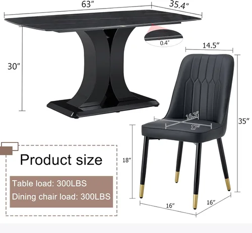Vista 3 de Moderno juego de mesa de comedor para 4, mesa de vidrio de 63 pulgadas y base de MDF, mesa de comedor de mármol sintético negro con 4 sillas Mesa