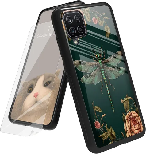 Vista 83 de Funda para Samsung Galaxy A12 5G con protector de pantalla, parte trasera de vidrio templado + TPU de silicona suave que absorbe los golpes