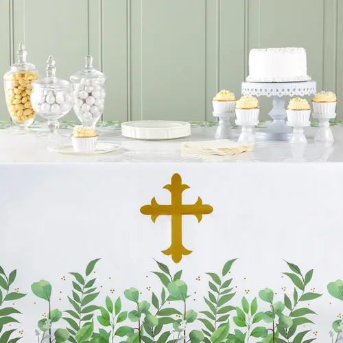Vista 3 de Sparkle and Bash Manteles de bautismo, paquete de 3, 54 x 108 pulgadas, plástico dorado, decoración de mesa religiosa desechable para bautismo