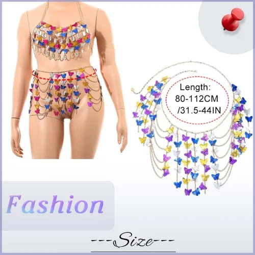 Vista 7 de Cadena de cuerpo con borlas y lentejuelas, falda de mariposa dorada colorida en capas, para fiesta en la playa, accesorios ajustables