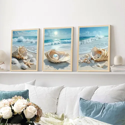 Vista 4 de SYWENNOI 3 piezas de arte de pared de playa con marco de madera, juego de 3 impresiones costeras, conchas marinas, estrellas de mar, olas, orilla