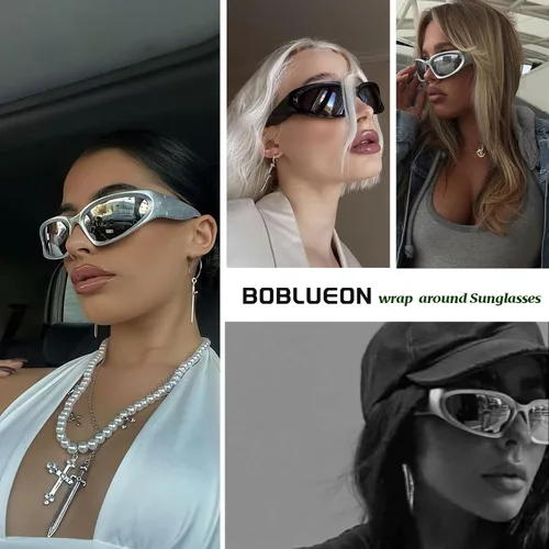 Vista 2 de BOBLUEON Gafas de sol envolventes de moda para mujeres y hombres, modernas y ovaladas deportivas