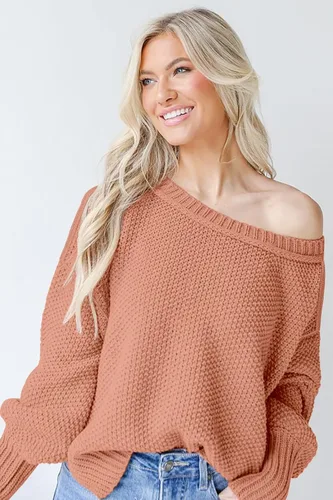 Vista 3 de Suéteres casuales de gran tamaño para mujer, manga larga de murciélago, cuello redondo, grueso, acanalado, suéter suelto, liso, con abertura lateral