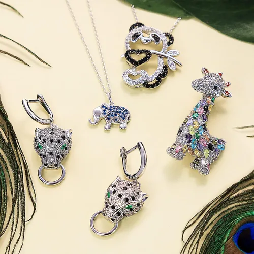 Vista 6 de Estate Art Deco Style Animal Spotted Black White Cat Green Eye Cubic Zirconia CZ Panther Earrings Pendant Necklace Cocktail Jewelry Set For Women
