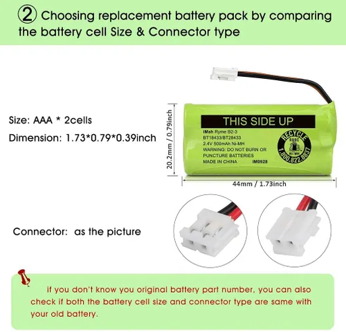 Vista 5 de iMah BT18433/BT28433 2.4V 500mAh Ni-MH batería inalámbrica para teléfono, también compatible con AT&T BT184342/BT284342 BT8300 BT1011 BT1018 BT1022