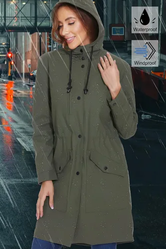 Vista 2 de Fahsyee Chubasquero para mujer, chaqueta impermeable con capucha, rompevientos para exteriores, larga actividad