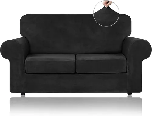 Vista 25 de WEERRW 4 Piezas Fundas de Terciopelo de Alta Elasticidad para Sofá de 3 Cojines Fundas de Sofá, Protector de Muebles Lavable con Parte Inferior