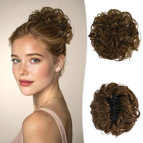 Vista 12 de RUWISS Extensiones de cabello humano real, ondulado y rizado, moño despeinado, cola de caballo para mujer (12H24# castaño rojo/rubio mediano)