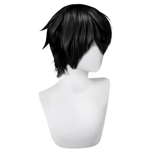 Vista 3 de Fenspeed Peluca negra para hombres y mujeres, peluca corta negra para hombre, peluca de cosplay en capas, peluca negra esponjosa para fiesta