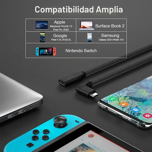 Vista 6 de UseBean Cable de extensión USB C en ángulo recto de 0.6 pies, 90 grados USB-C 3.2 Gen 2 20Gbps macho a hembra tipo C 4K cable extensor de video