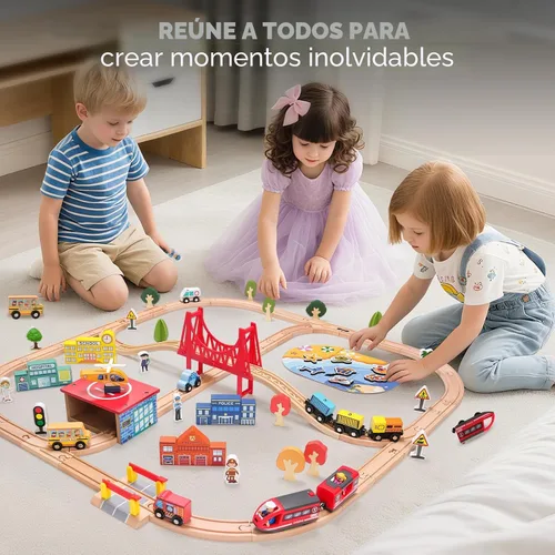 Vista 6 de Juego de tren de madera de 118 piezas, juego de tren urbano con tren eléctrico y juego de pesca, compatible con las principales marcas, regalo ideal