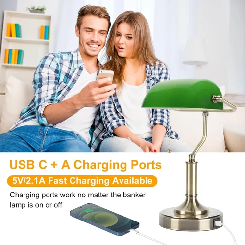 Vista 4 de LINNMON Bankers - Lámpara de escritorio verde con interruptor de cadena de tracción, lámpara retro con puertos de carga USB y tipo C, lámpara
