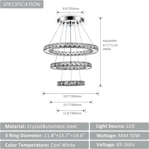 Vista 3 de CLAIRDAI Candelabros de Cristal Modernos Ajustables de Cristal de 3 Anillos Lámpara de Techo LED Candelabros LED para Comedor Dormitorio Sala