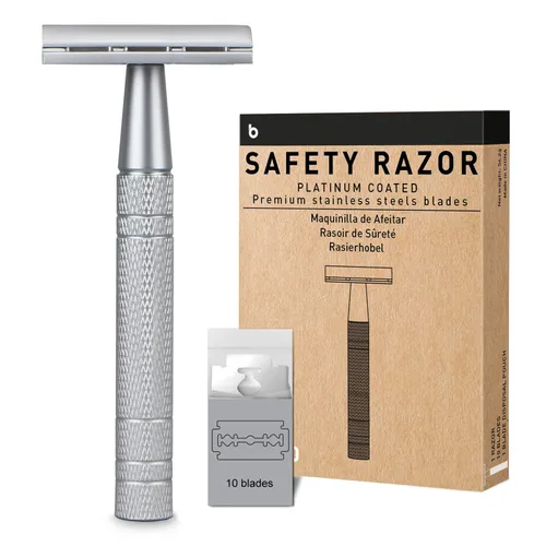 Vista 22 de Maquinilla de afeitar de seguridad azul, navajas de una sola hoja para hombres Reusable Metal Razor, with 10 Platinum Coated Double Edge Blades
