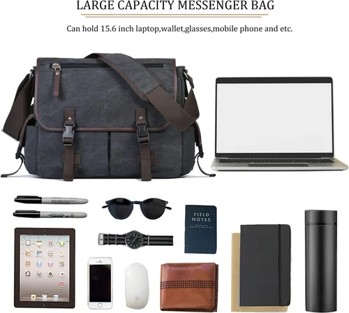 Vista 7 de Bolsa de mensajero vintage de lona para laptop de 15.6 pulgadas para hombres y mujeres, bolsa de hombro para computadora universitaria, maletines