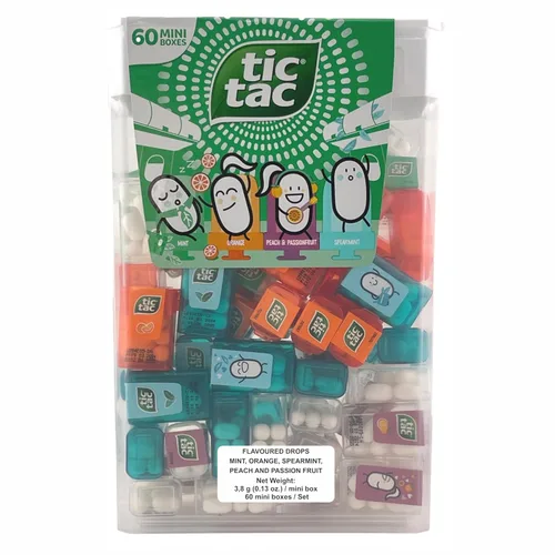 Vista 2 de Caja de TIC TAC con 60 Mini Cajas (Menta, Naranja, Menta Verde, Melocotón y Maracuyá) 234g de Tic Tac