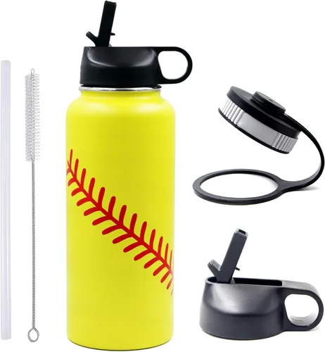 Vista 19 de Botella de agua de béisbol de 18 onzas, botella deportiva de boca ancha, vaso de viaje de metal con 2 tapas, botellas de agua aisladas al vacío